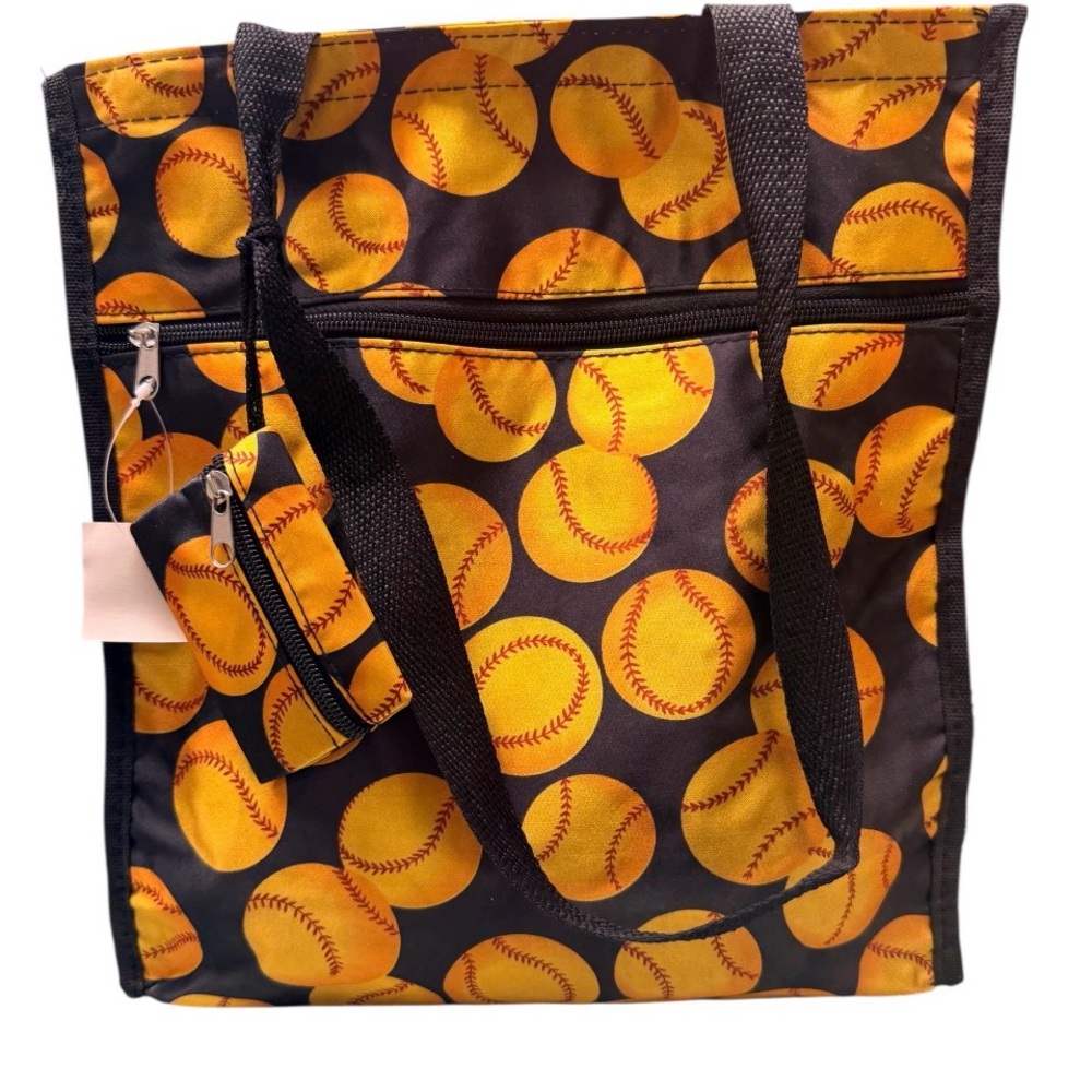 Softball Print Zipper Tote Bag With Coin Wallet
